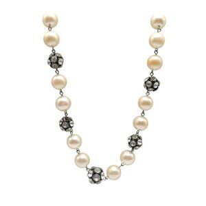 Faux Pearl Clear Crystal Bead Necklace 23" With Silver Tone Chain RMN